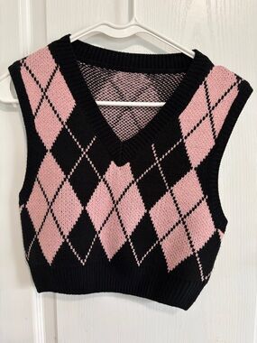 Pink and Black Argyle Knit Vest